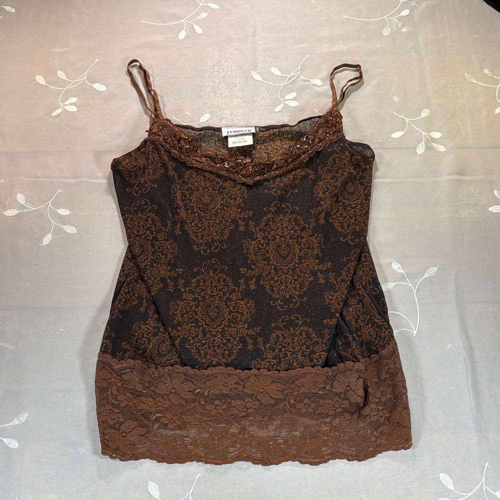 VTG Y2K Brown Baroque Damask Lace Trim Transparent Cami Lingerie Woman Sz L